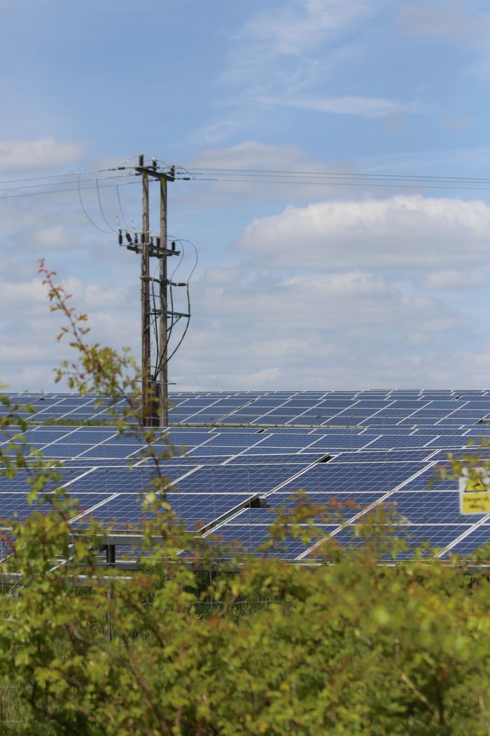 Solar panels in a rural area with power lines, illustrating renewable energy integration.